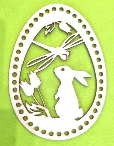  15x21cm Iepuras cu ou crosetabil din lemn natural cu libelula, gaura 6mm, 1 buc., grosime 3mm