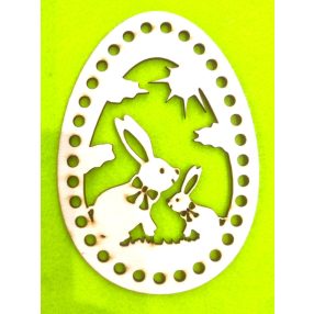     11x15cm Ou croșetabil din lemn natural, doi iepurași pe câmp. Cu gaura de 6mm, 1 bucata, grosime 3 mm