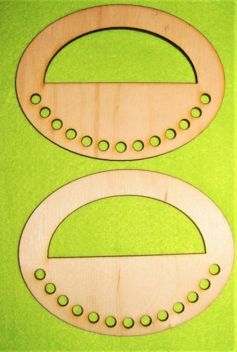 T007  10x13 Baza din lemn natural ovala in forma de toarta de geanta cu maner semicircular 1 pereche cu gaura de 6mm, grosime 3 mm